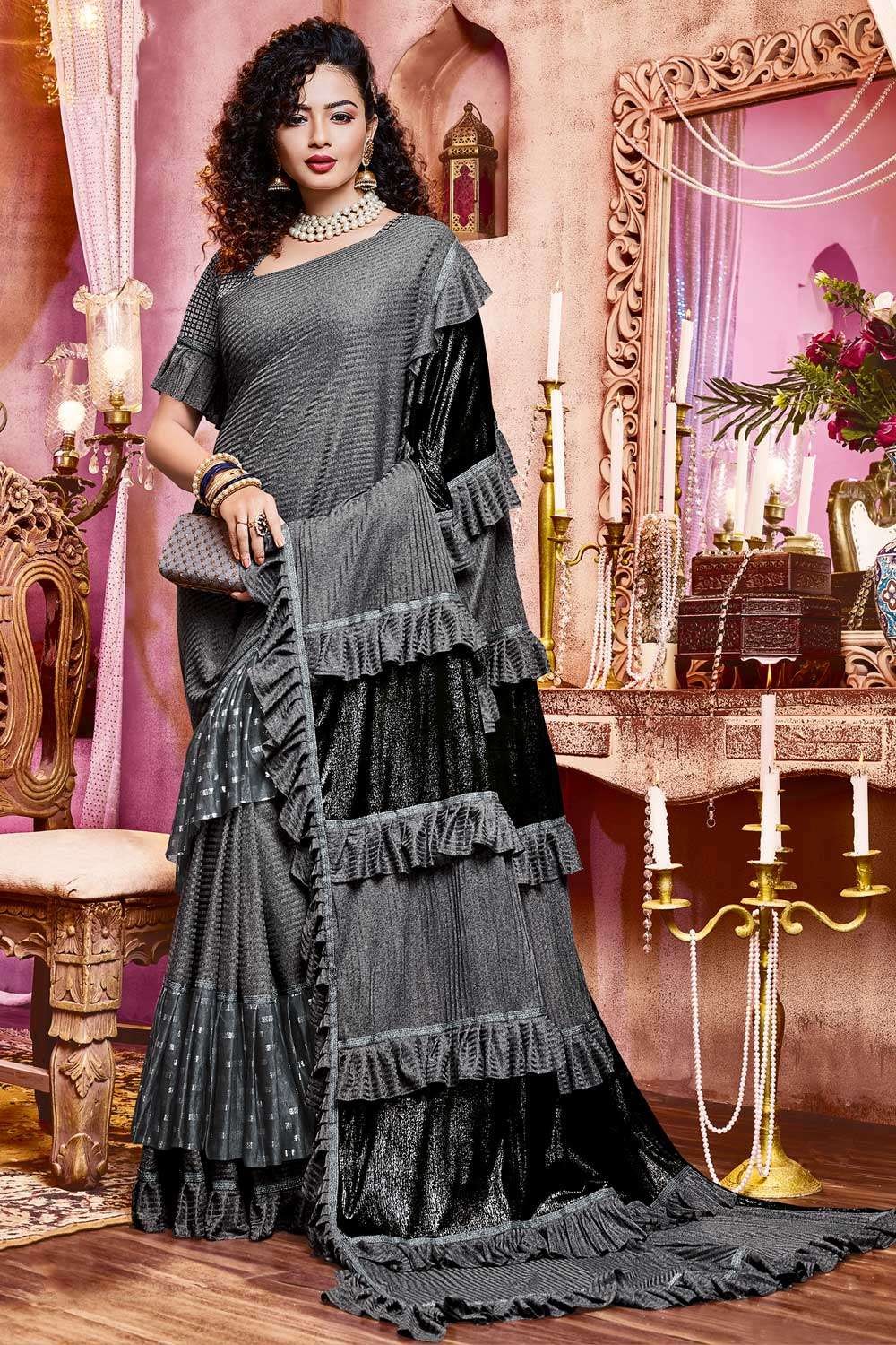 Digital Print Grey Satin Saree