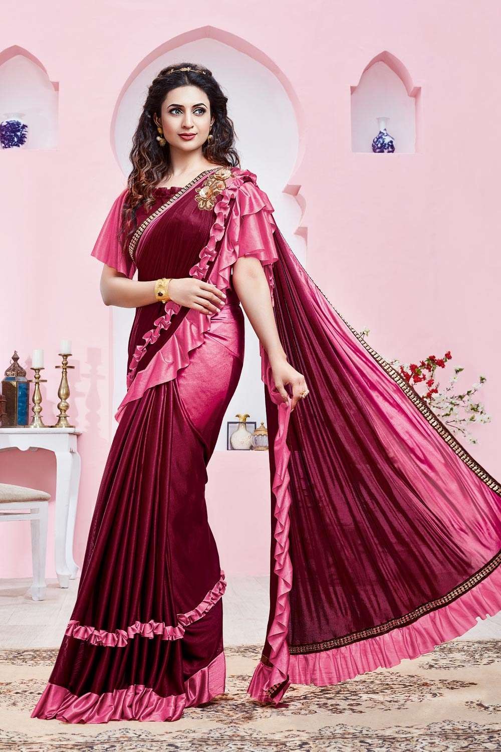 Awesome Brown Color Lycra Fabric New Designer Party Wear Saree