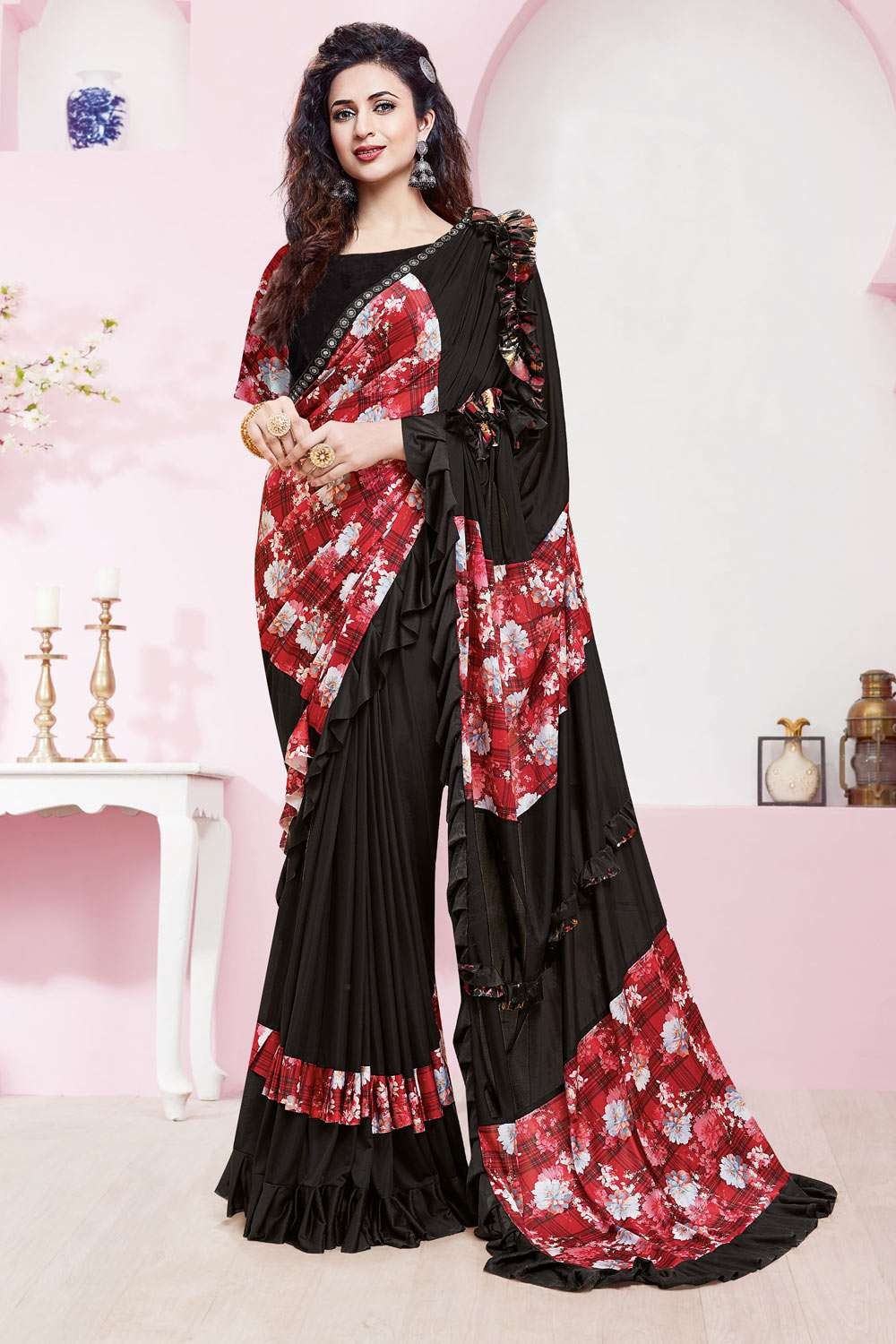 Latest Design Dual Shade Lycra Saree with Stitched Blouse for Kids