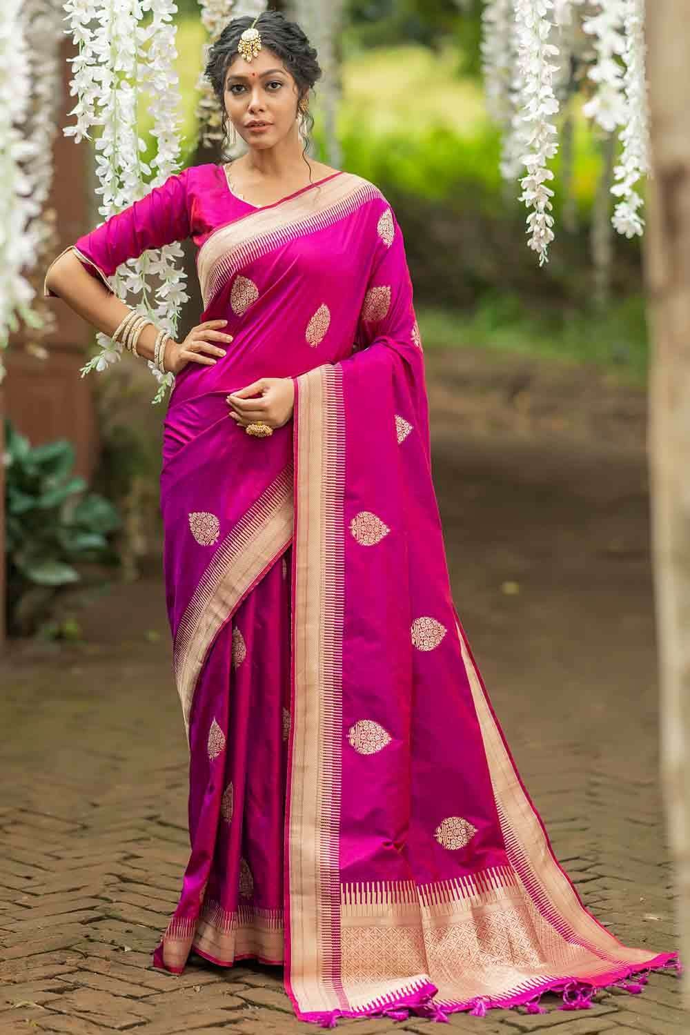 Dark Pink Banarasi Soft Silk Zari Work Saree By Saree Vale