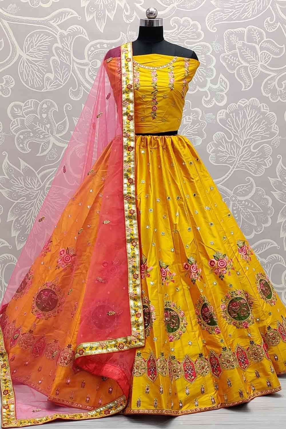 Adorable Yellow and Pink Lehenga Choli with mirror work - Dress me Royal