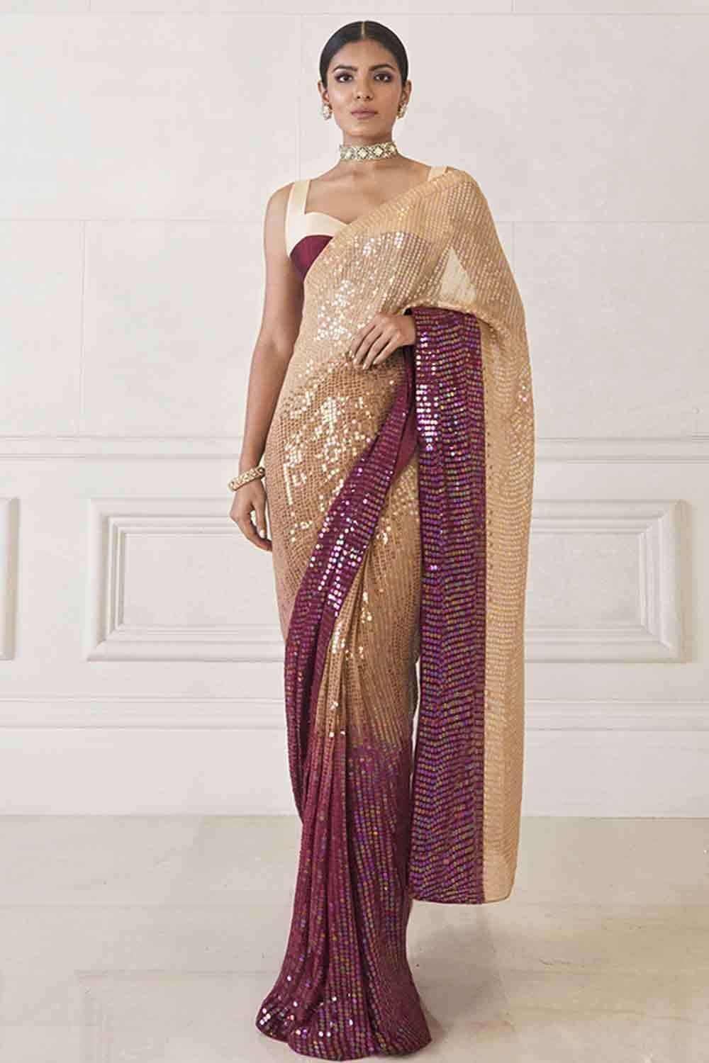 Wine Sequins Work Saree - Party wear collection