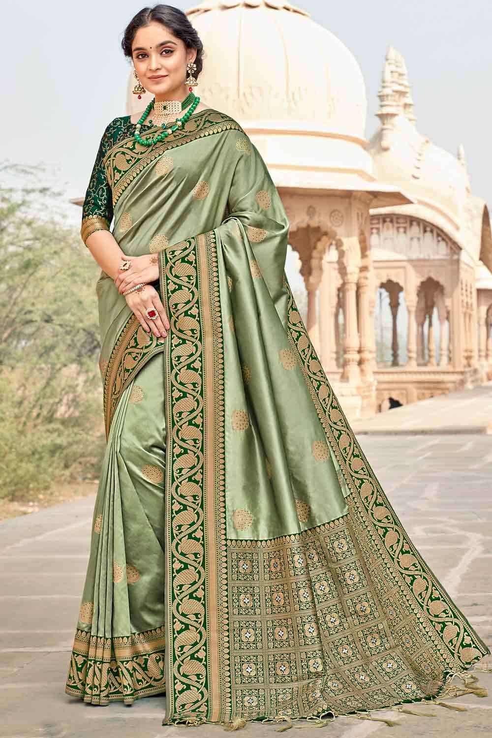 Banarasi raw silk saree teal green with thread & zari woven buttas jut –  Prashanti Sarees