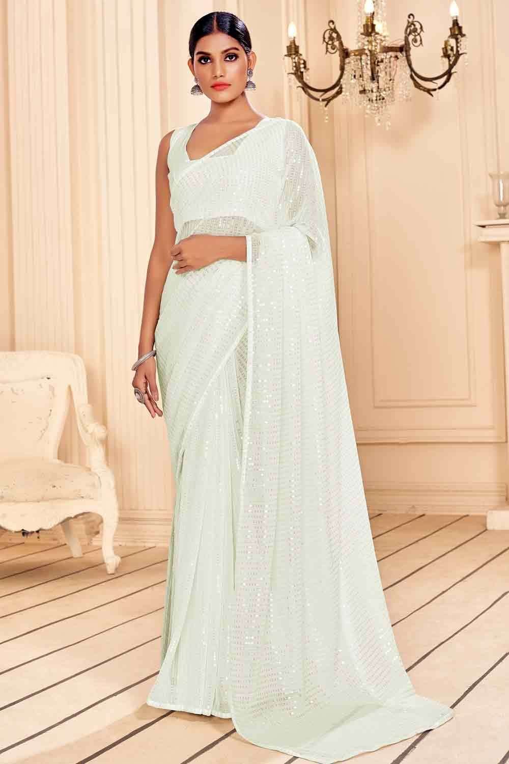 Antique White Georgette Saree With Hand Embroidery | Singhania's