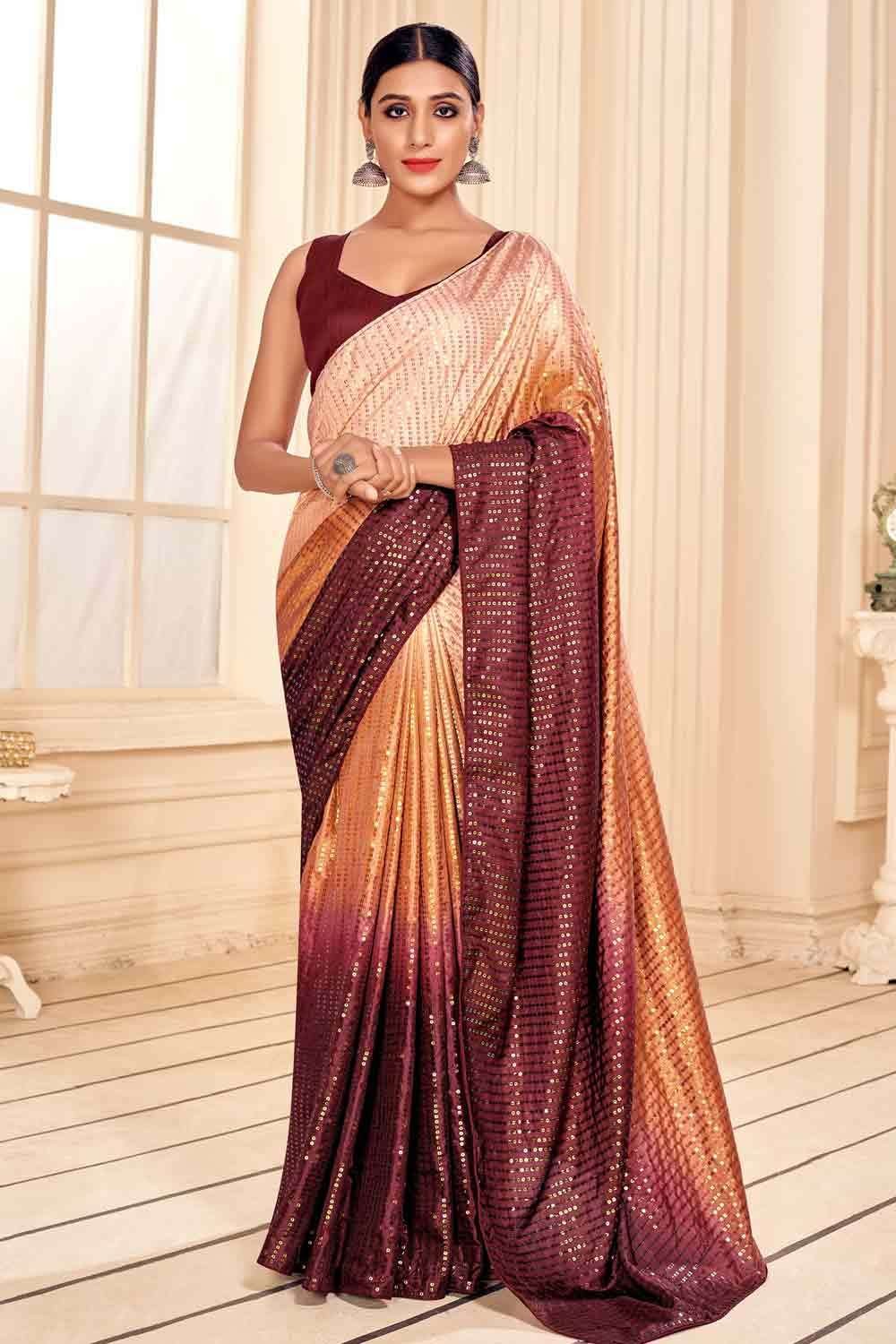 Banarasee Chiffon Floral Zari Jaal & Border Saree-Rust