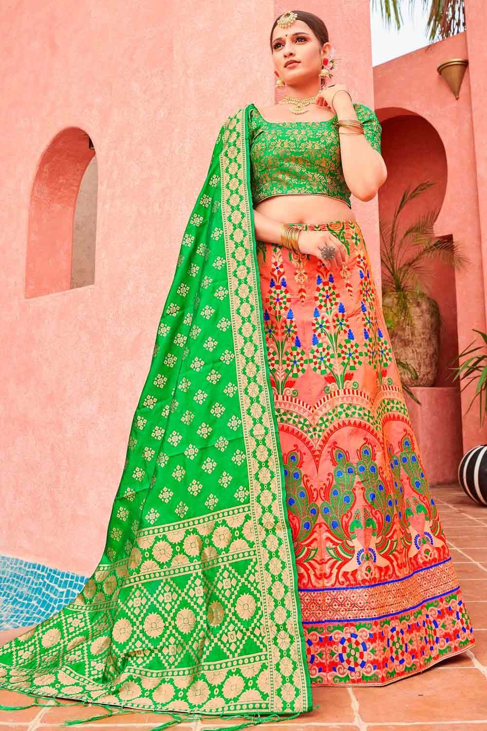 Auspicious Banarasi Silk Weaving Green and Peach Trendy Lehenga Choli