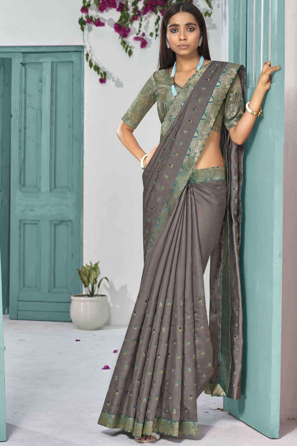 Buy Designer Bridal Party Wear Saree - Enriching Grey Applique Net Saree –  Empress Clothing