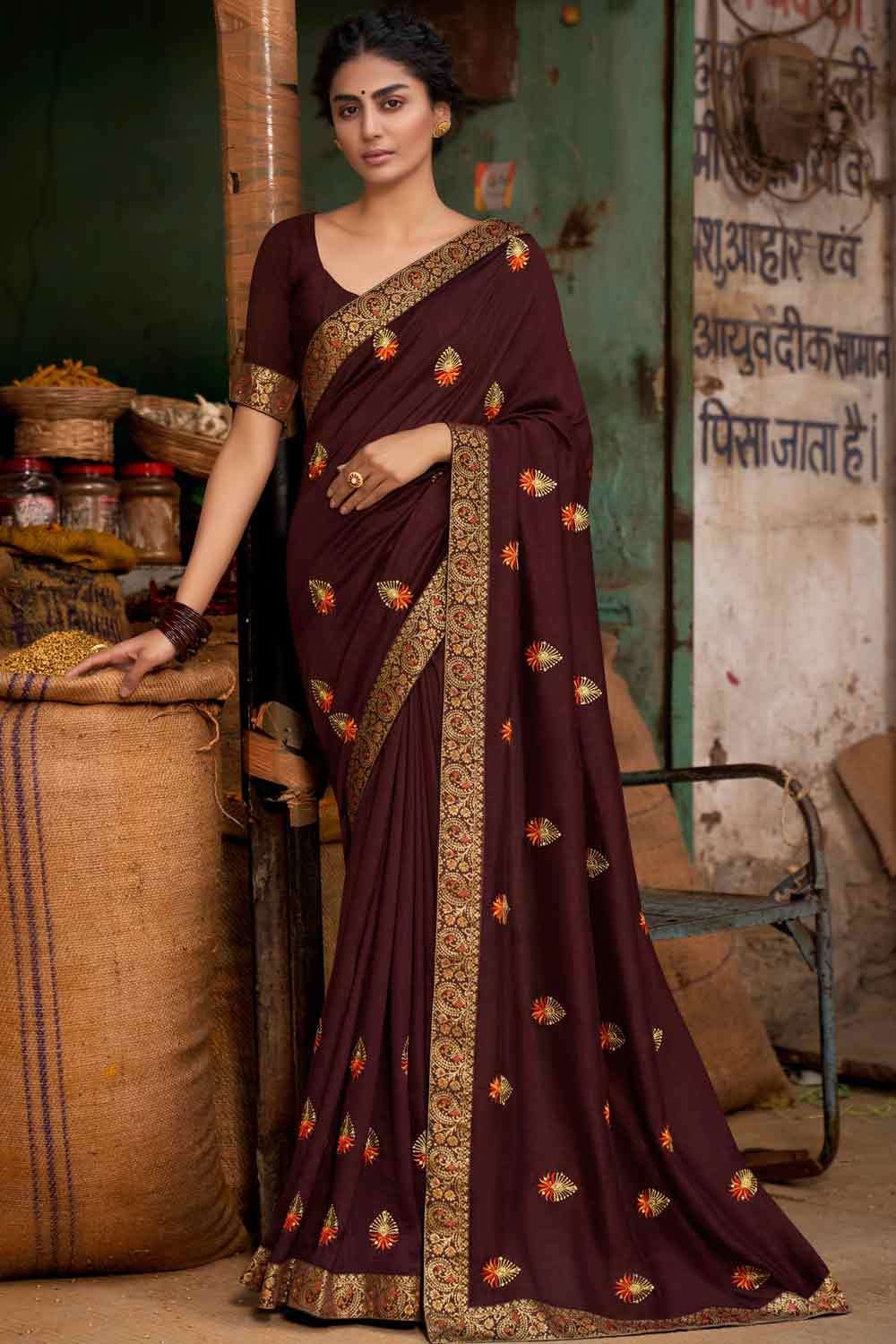 Coffee Color Women Saree in Chinon With Heavy Embroidery Lace Border and  Blouse in USA, UK, Malaysia, South Africa, Dubai, Singapore