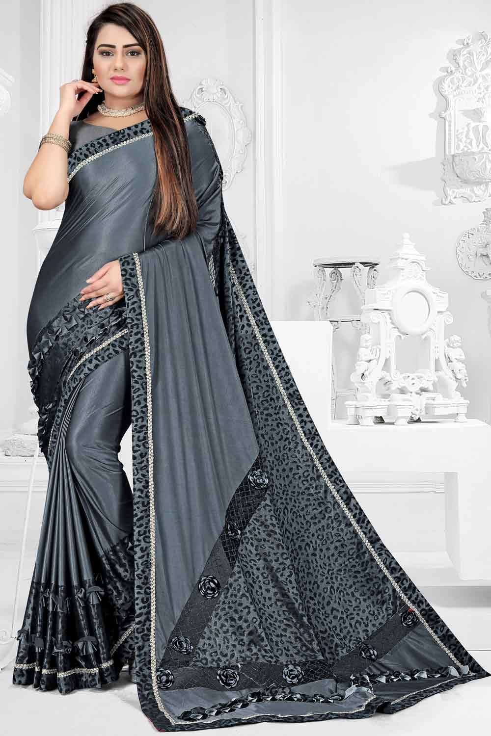 Buy Saree Mall Grey Plain Saree With Unstitched Blouse for Women Online @  Tata CLiQ