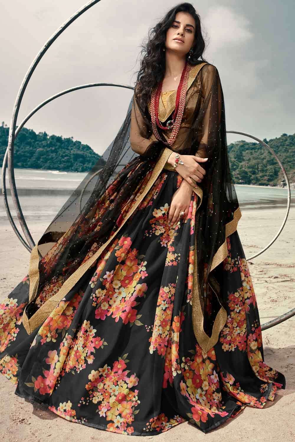 Buy Green Digital Printed Silk Lehenga Choli With Dupatta Online At Zeel  Clothing