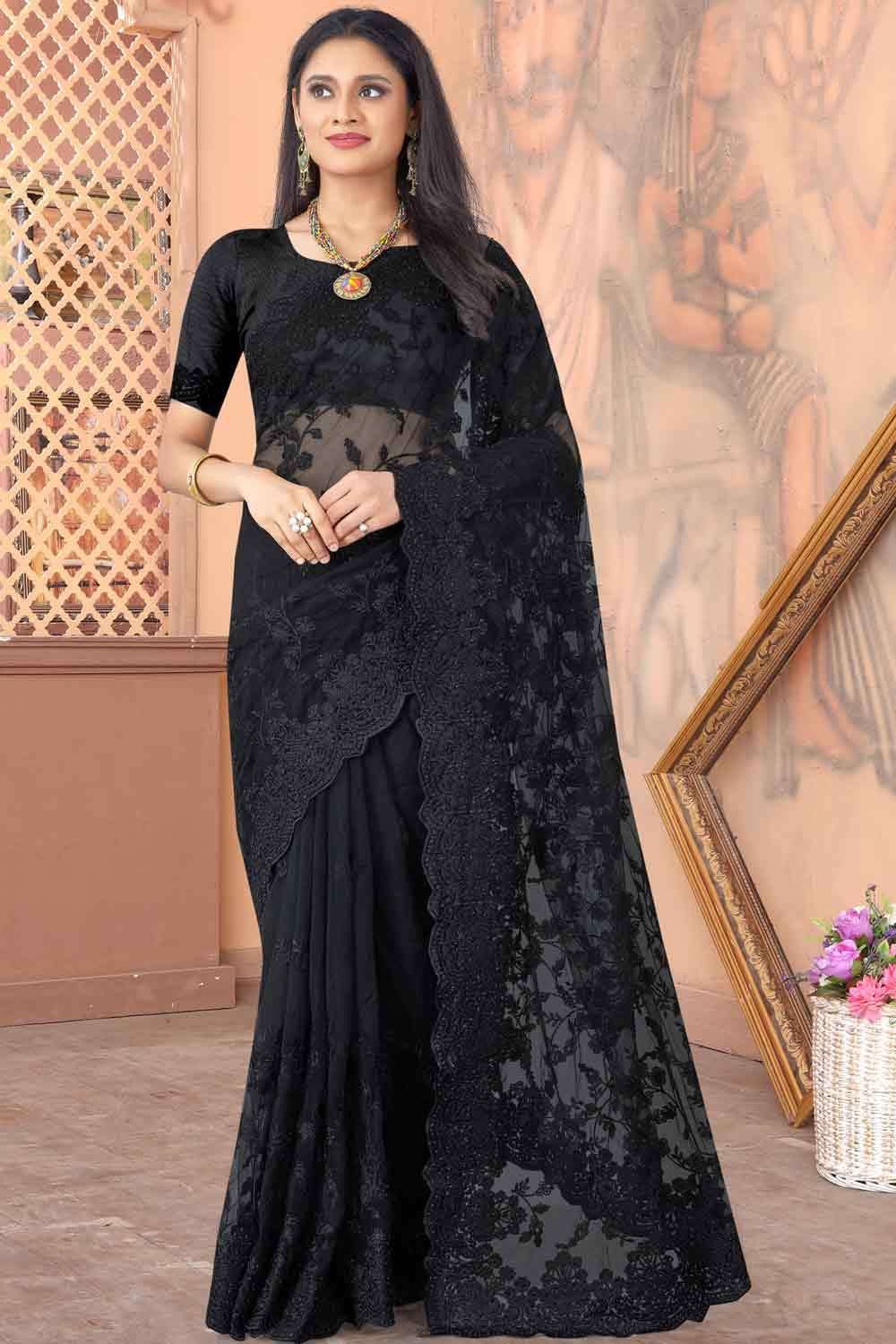 Buy Black Pleated-Knit Saree with Embroidered Blouse Online