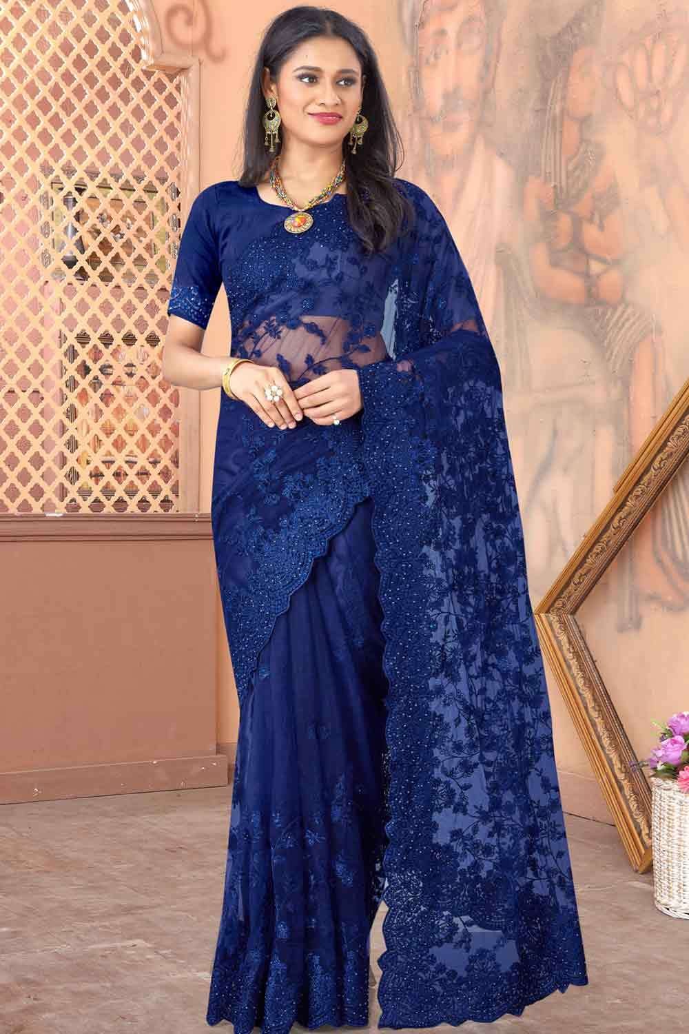 Stylish Plain Royal Blue Georgette Saree For Partywear