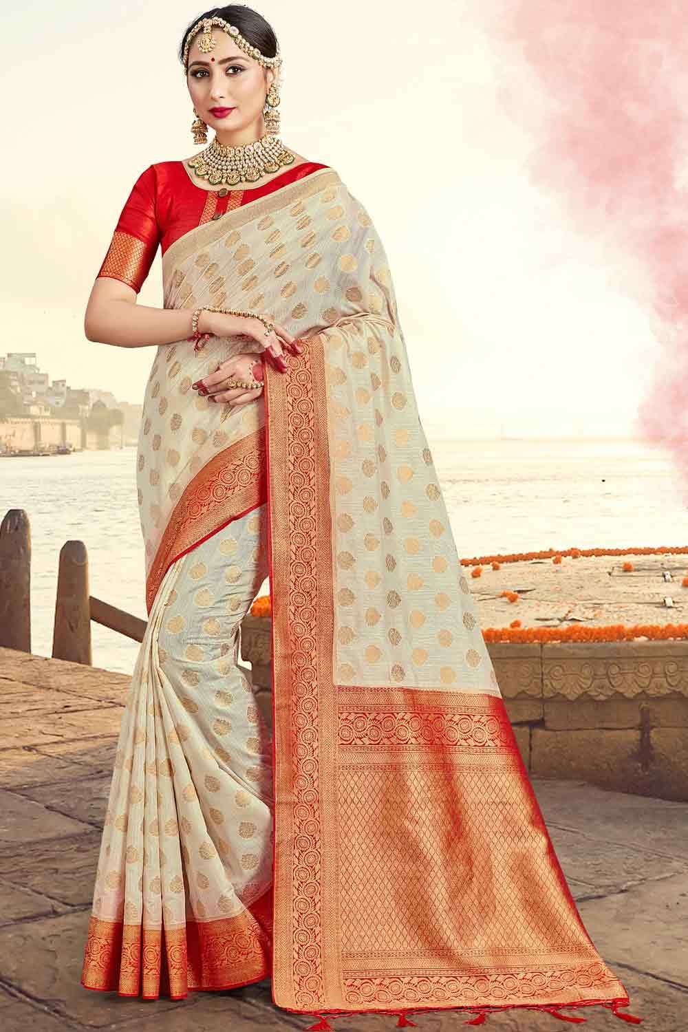 RED AND WHITE LIGHT WEIGHT BANARASI SAREE FOR WOMEN -MOEBSW001 –  www.soosi.co.in