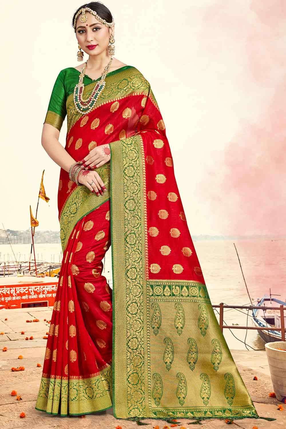 Red Banarasi Saree with Green Border – Keya Seth Exclusive