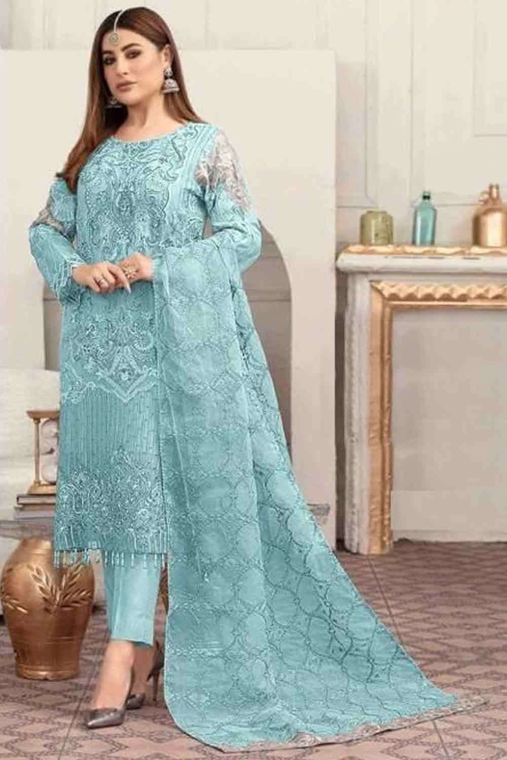Sea blue georgette stylish Pakistani suit online dresses - fealdeal