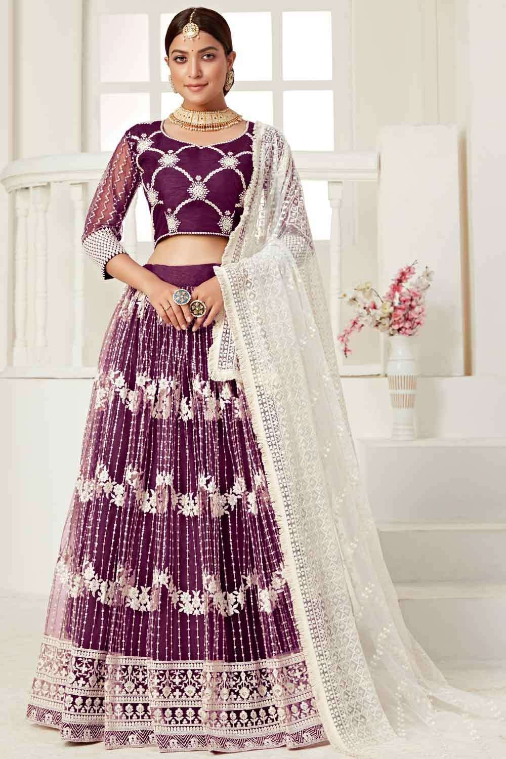 Pretty lilac lehenga with gold work and wine-coloured dupatta| WedMeGood|  #pastellehenga #constrastdupatta #bridal… | Indian outfits, Indian fashion,  Indian dresses