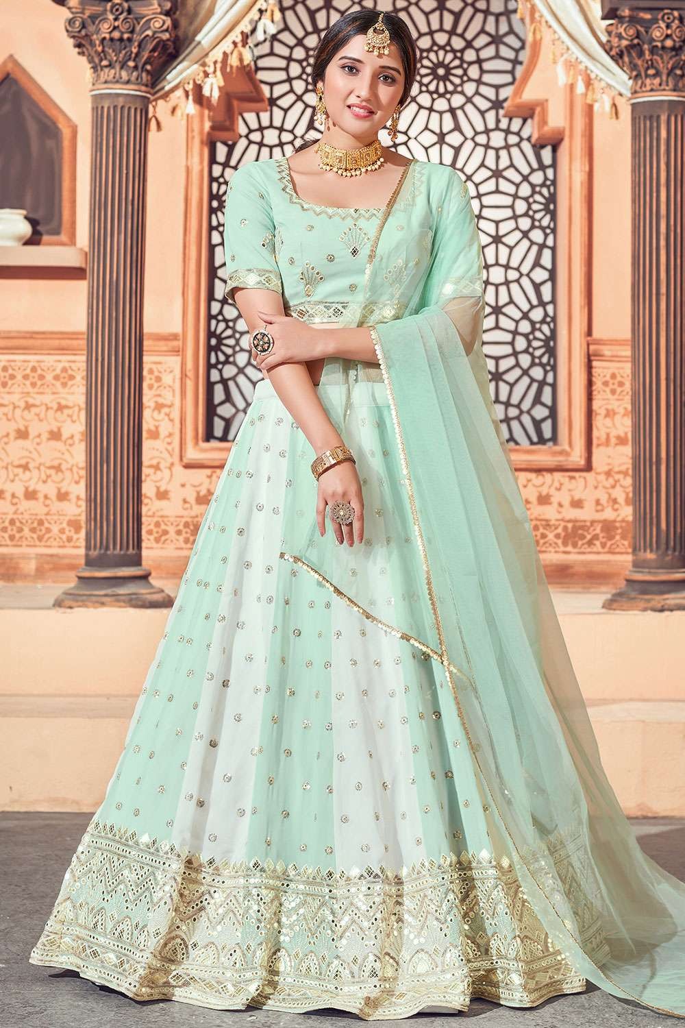 Embroidered Party Lehenga Choli in Pista green Georgette - LC4153