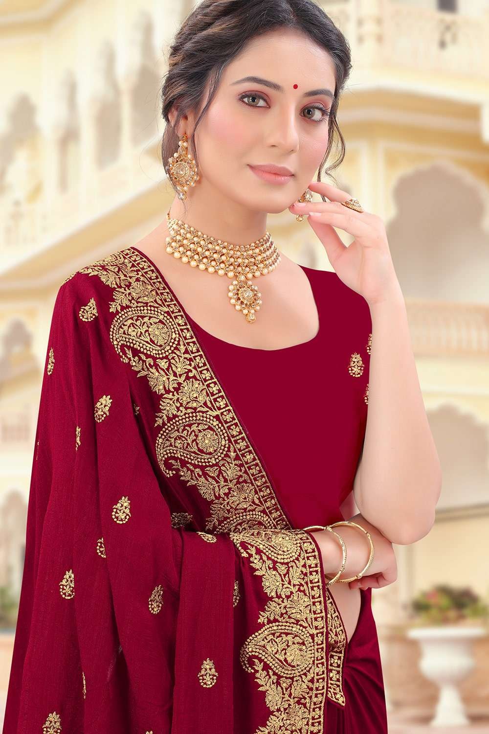 Maroon With Cream Art Silk party wear saree 60549