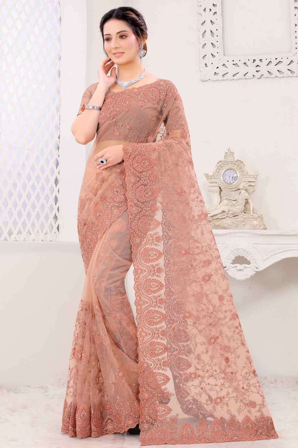 Cream and Peach Net Embroidered Wedding Saree – Kavra Fashion®