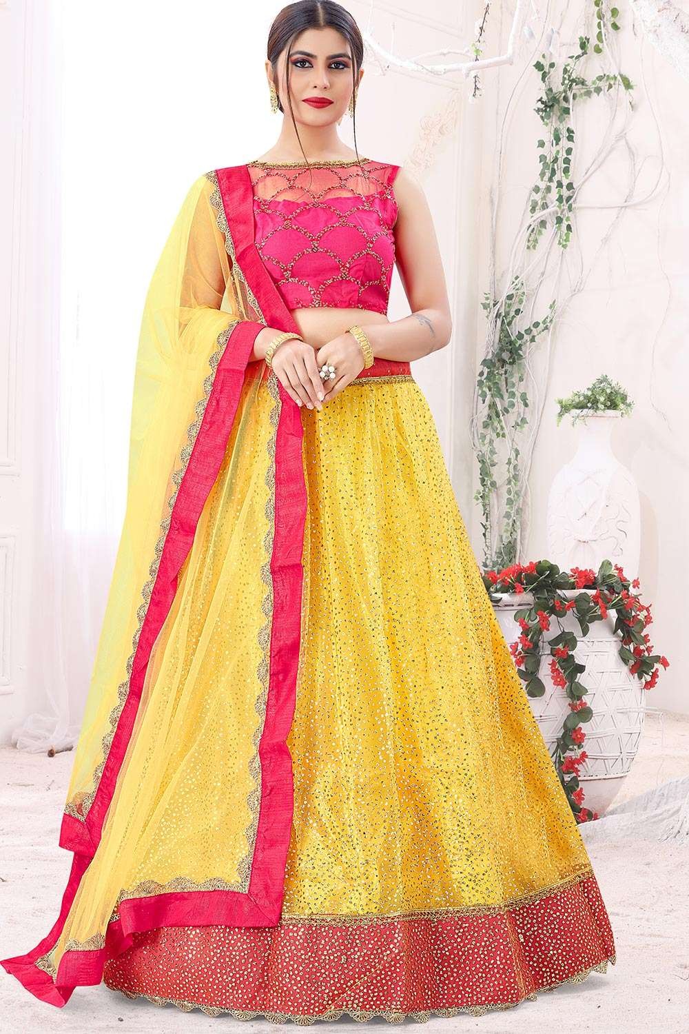 Buy Pink and Yellow Banarasi Silk Lehenga Choli Online India USA UK – Sunasa