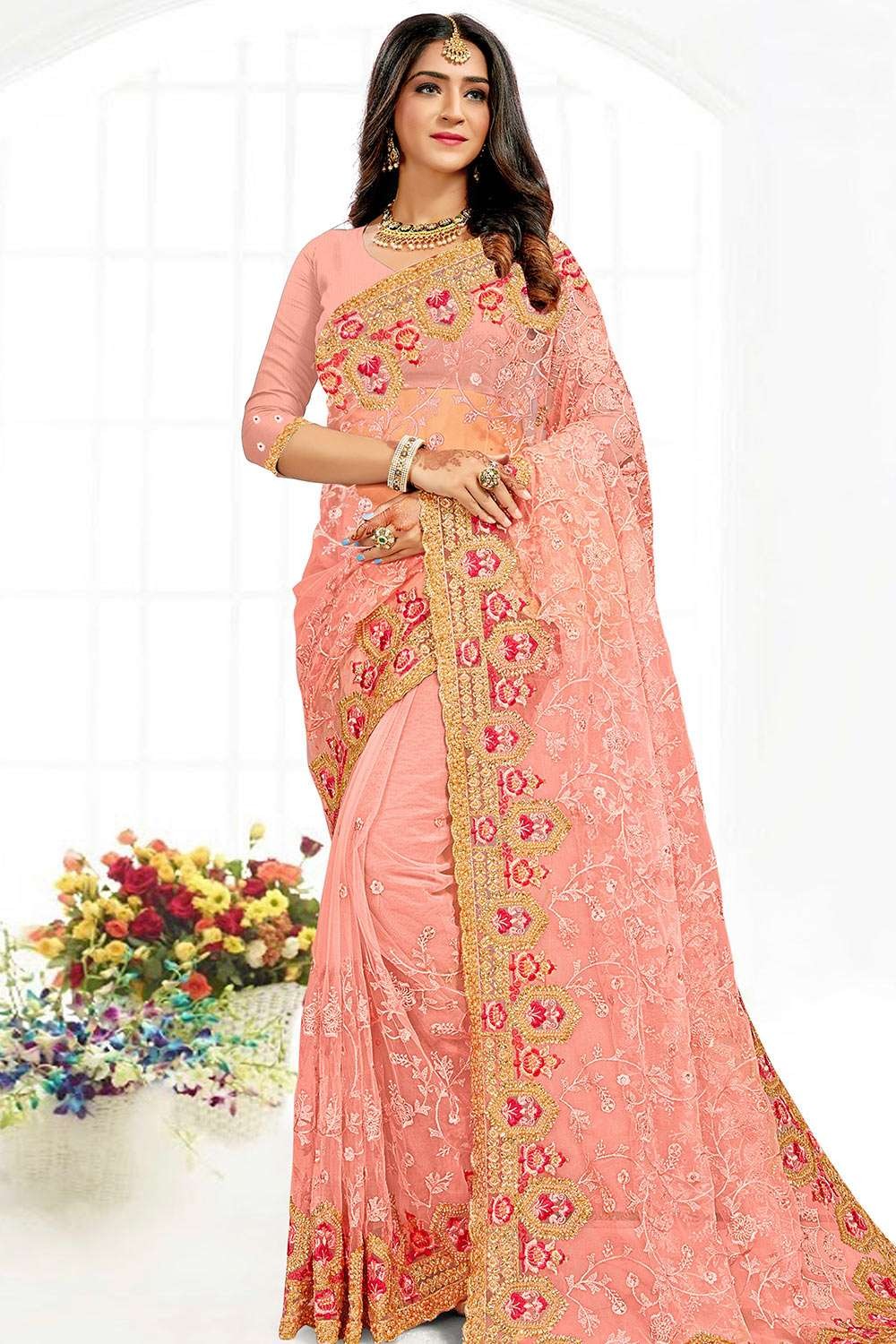 Kasee Women's Peach Colour & Silver Floral Embroidered Net Heavy Work Saree  With Unstitched Blouse Piece