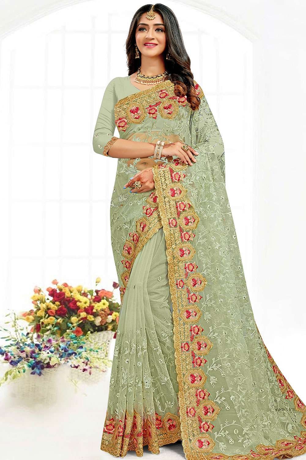 Pista Green Net Embroidery Work Saree Party Wear