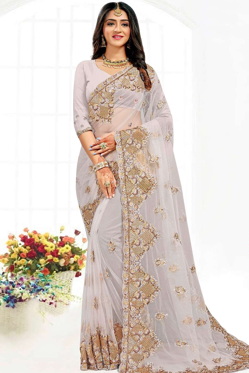 Georgette Stone Saree in White