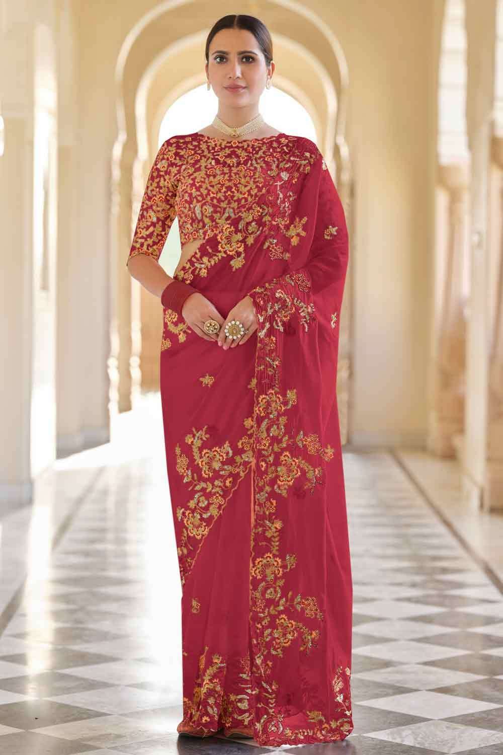 Red Elegant Latest Designer Party Wear Saree – Fashionfy