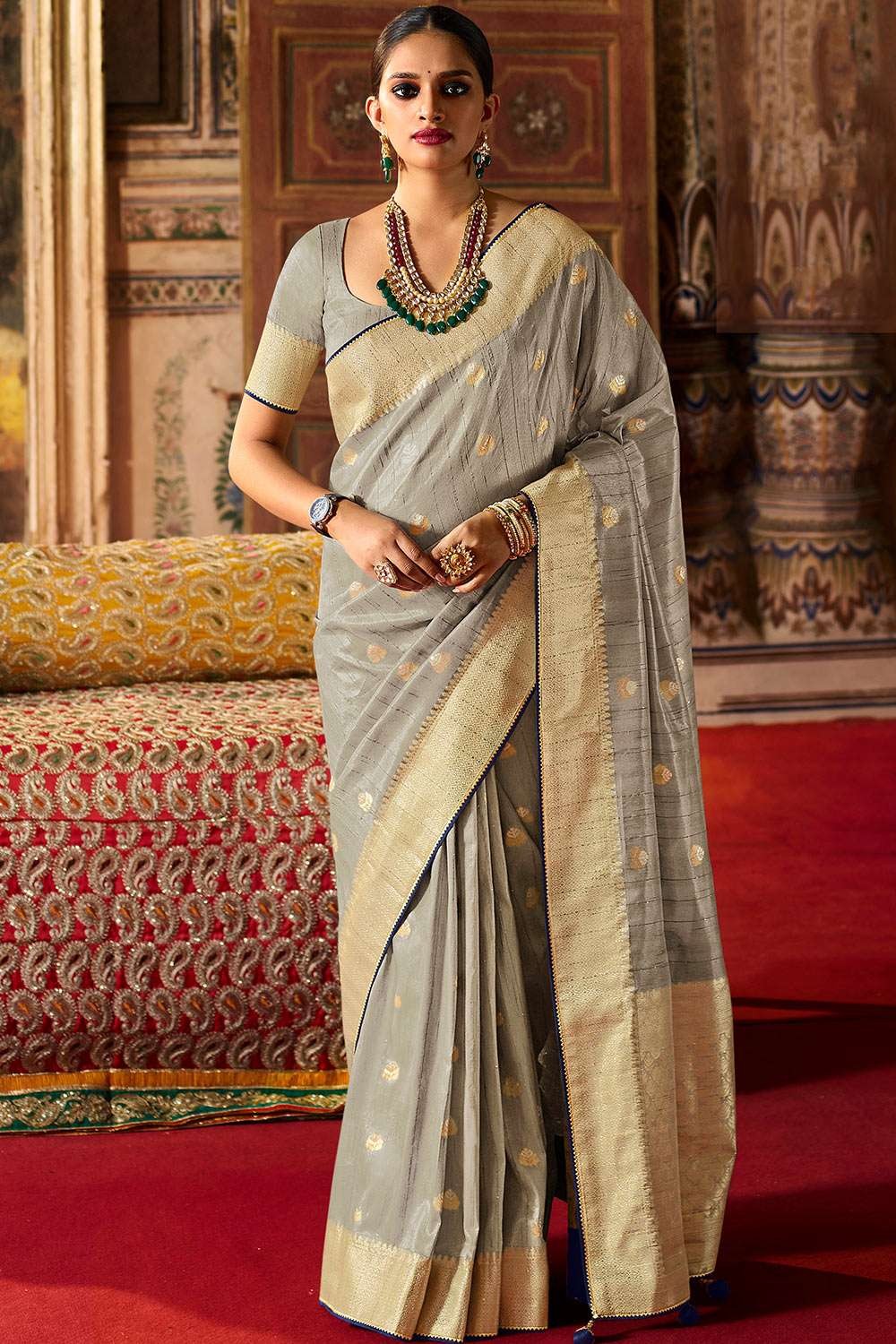 Grey fancy softy silk designer saree with colorful floral designs, zari  border & pallu features intricate designs