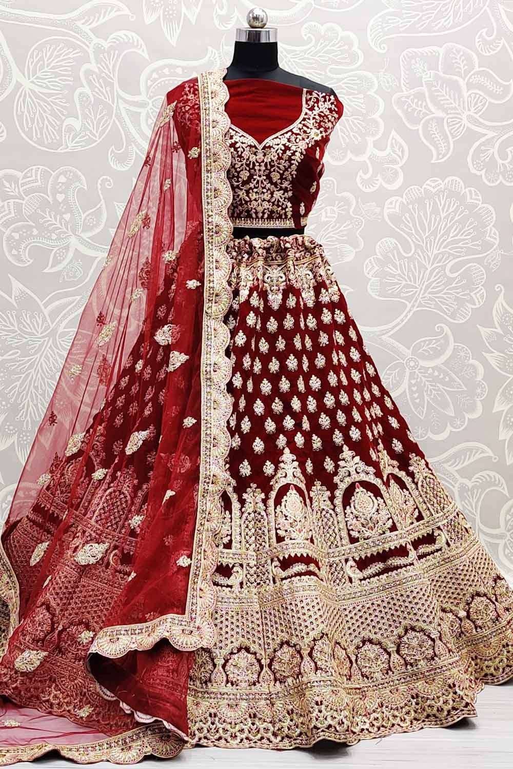 Buy Maroon Metallic Zari Velvet Bridal Lehenga Choli From Ethnic Plus