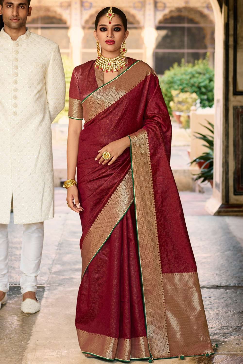 Asthetic Maroon Designer Bridal Wear Jacquard Silk Saree – Sareetag