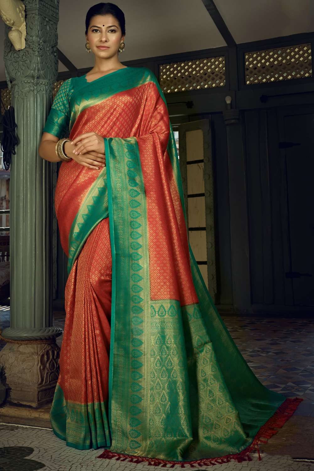 Shop Parrot Green Kuppadam Saree Online in USA with Red Zari Border – Pure  Elegance