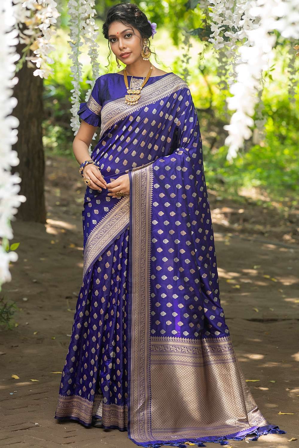 Blue silk saree with royal blue blouse | Bridal blouse designs, Wedding  saree blouse designs, Maggam work blouse designs