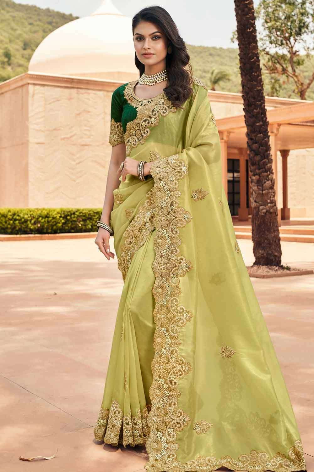 Green Silk Saree Matching Blouse | new saree kuchu design photos