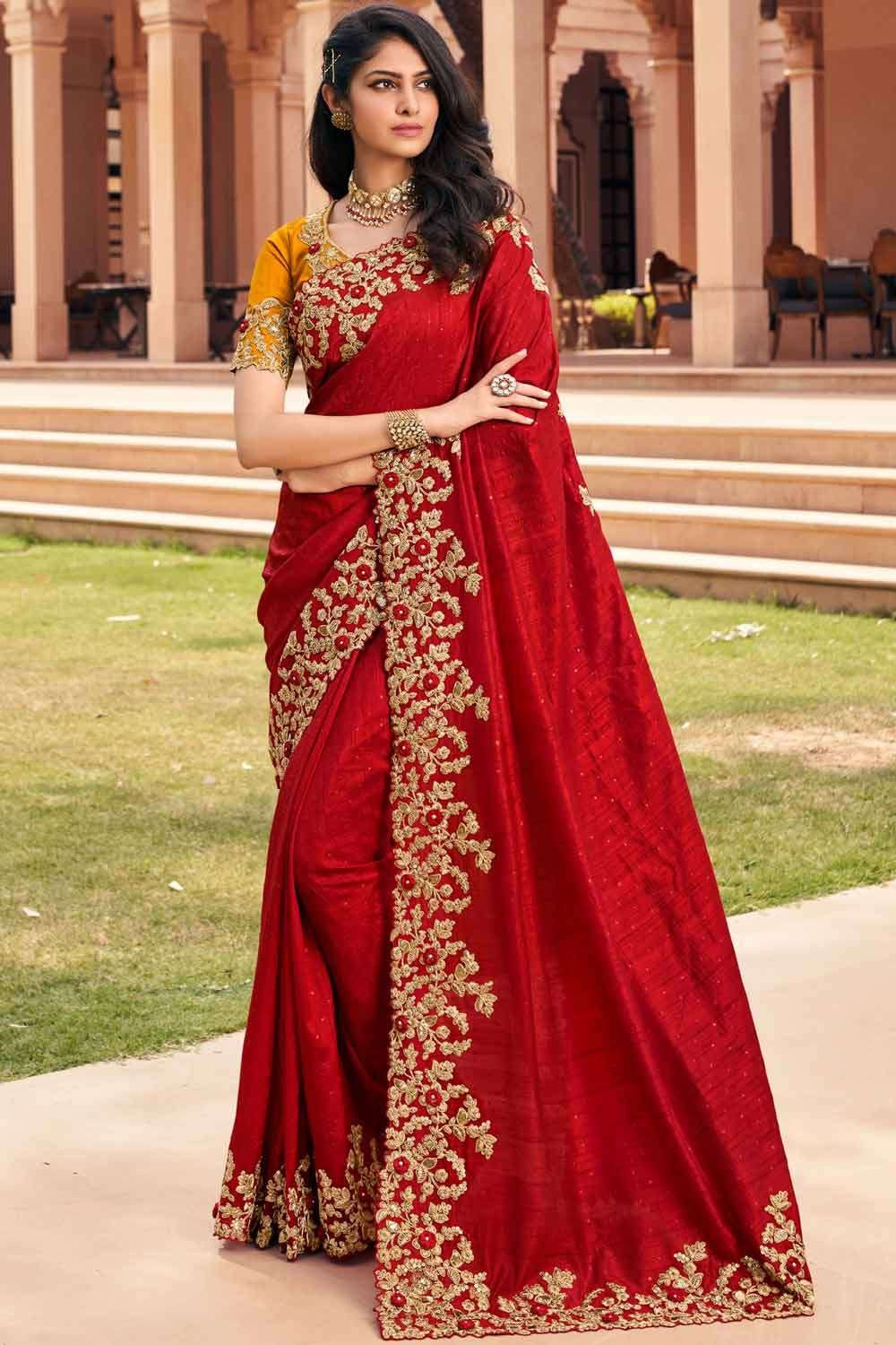 Buy Red Zari Weaving Banarasi Silk Wedding Saree from Ethnic Plus.