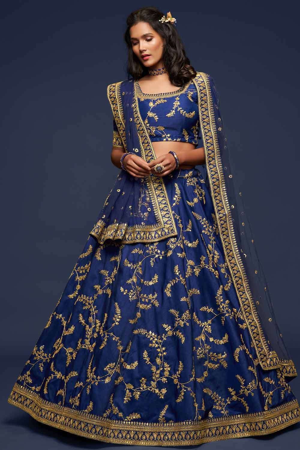 Thread Wedding Lehenga Choli in Blue Art silk - LC4069
