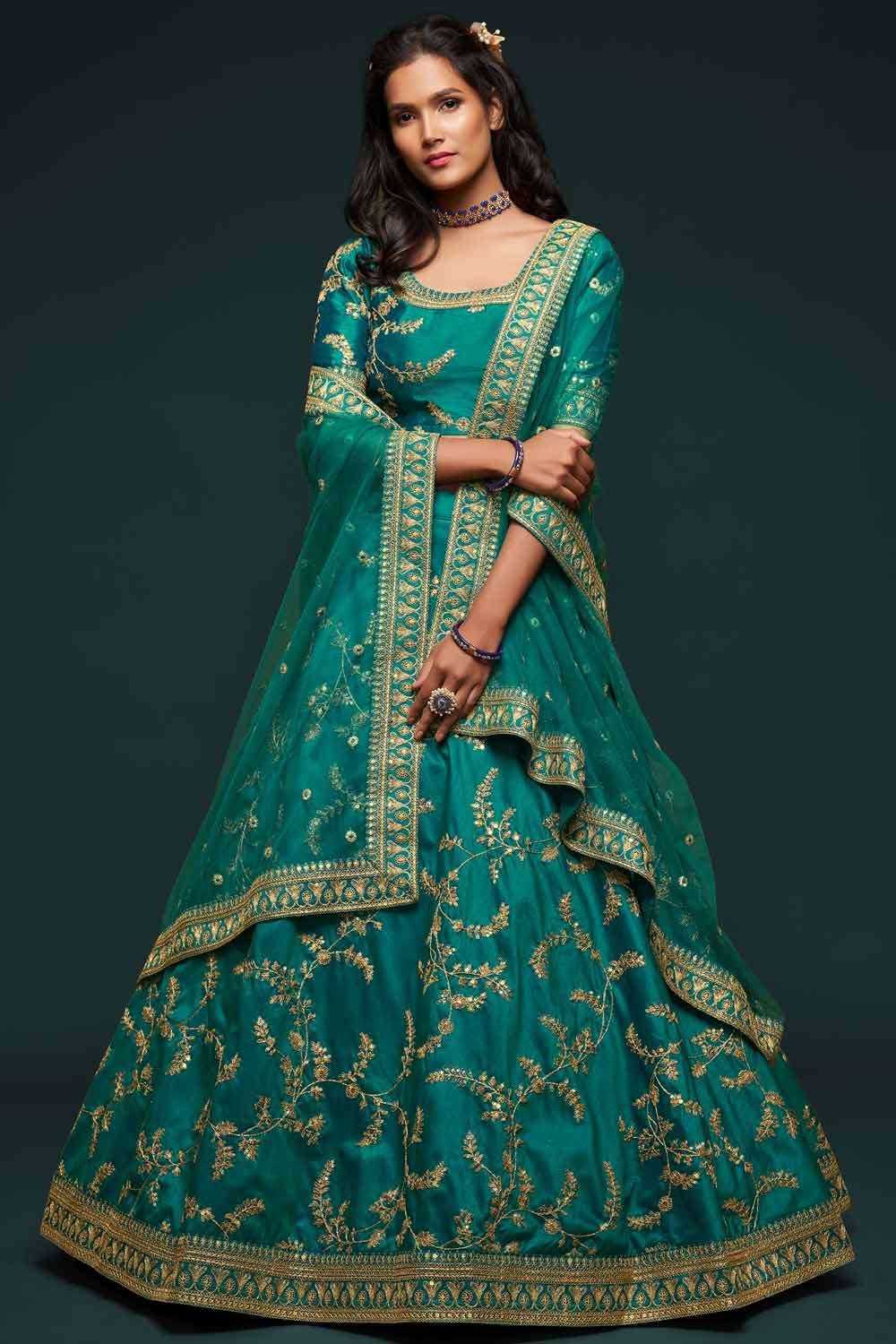 Dark Green Premium Velvet Embroidered Wedding Lehenga Online FABANZA