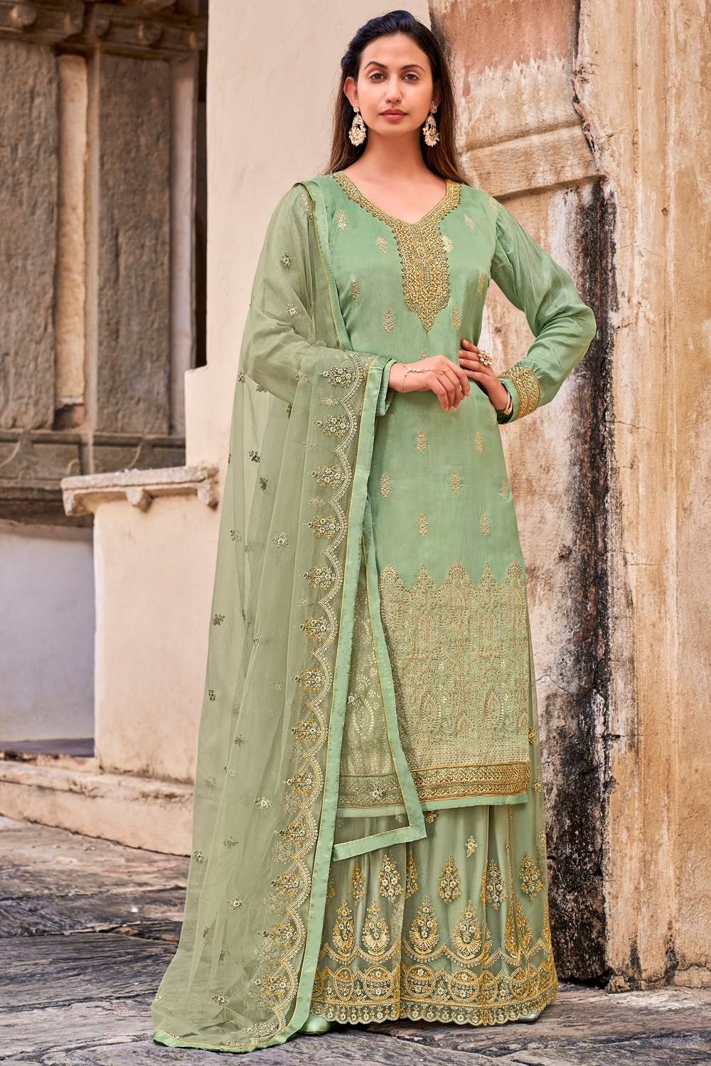 Buy Frock Style Mehndi Georgette Plus Size Sharara Online for Women in USA