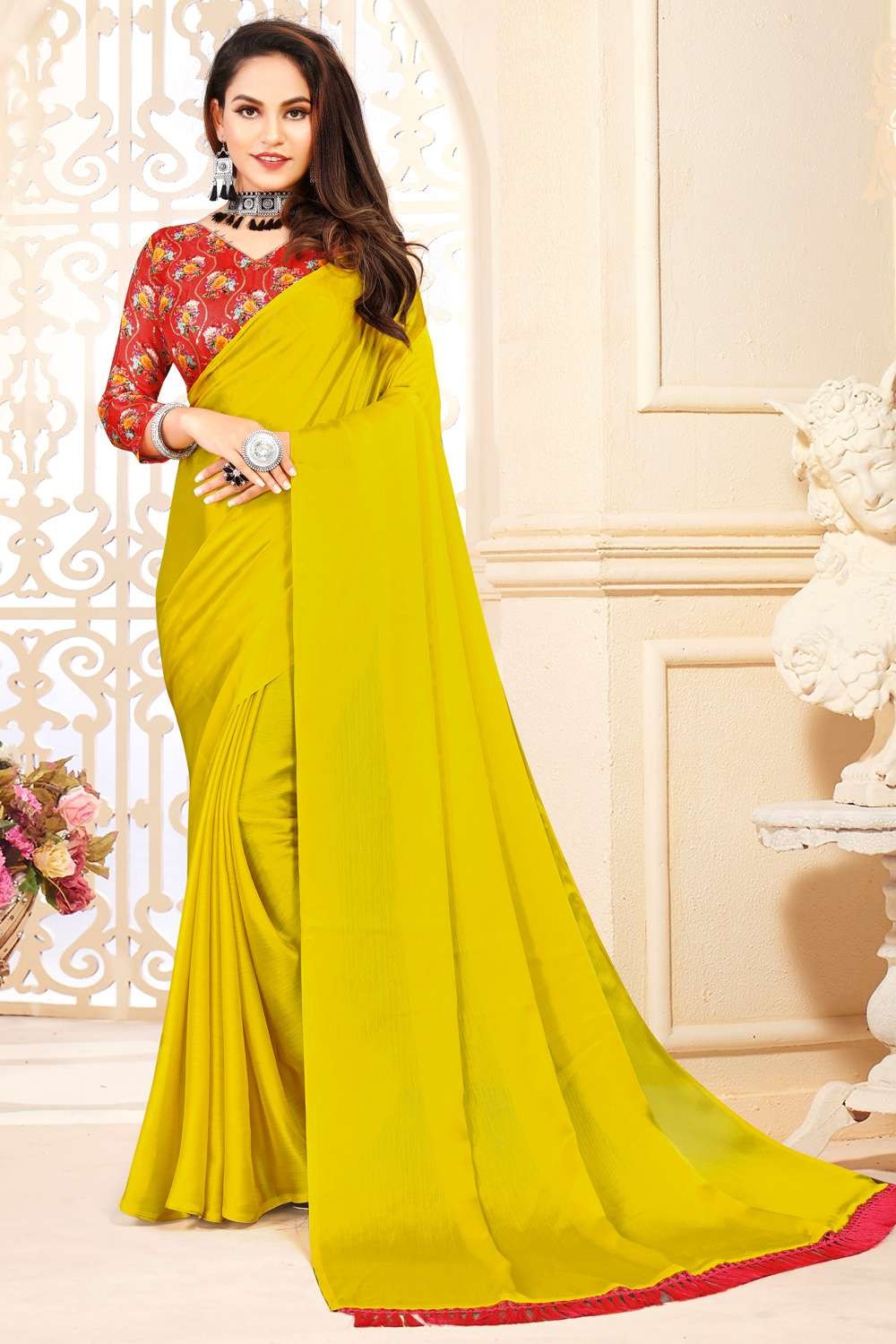 Chiffon Plain Saree In Yellow Colour - SR5130388