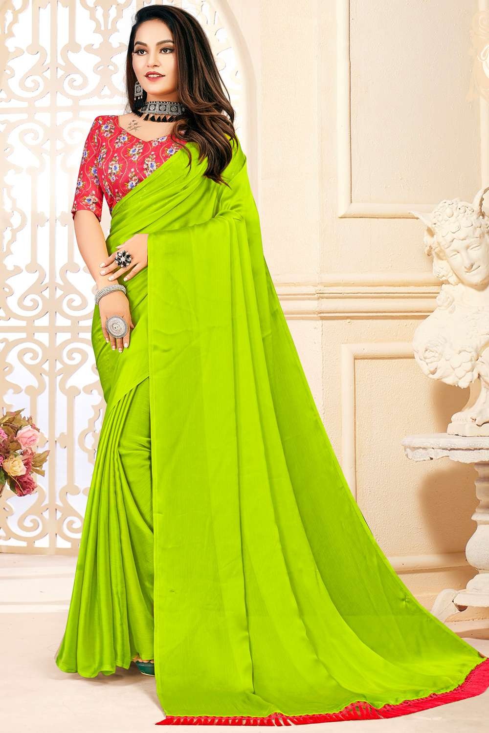 Garden of Words Lime Green Plain Saree - I Love Sarees