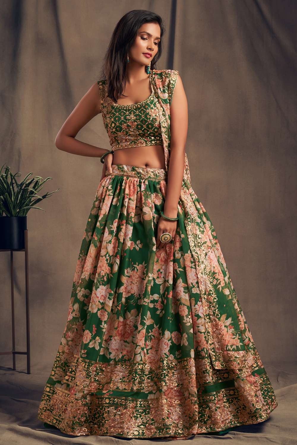 Pink and green croptop lehenga - New India Fashion