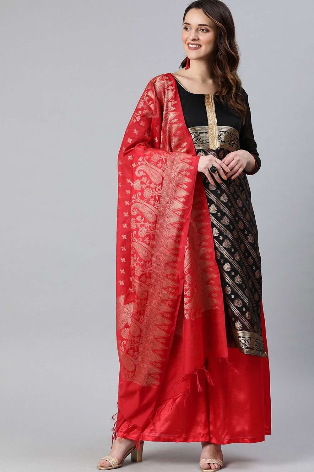 Buy Black & Red Cotton Pant Style Salwar Suit From Khushkar
