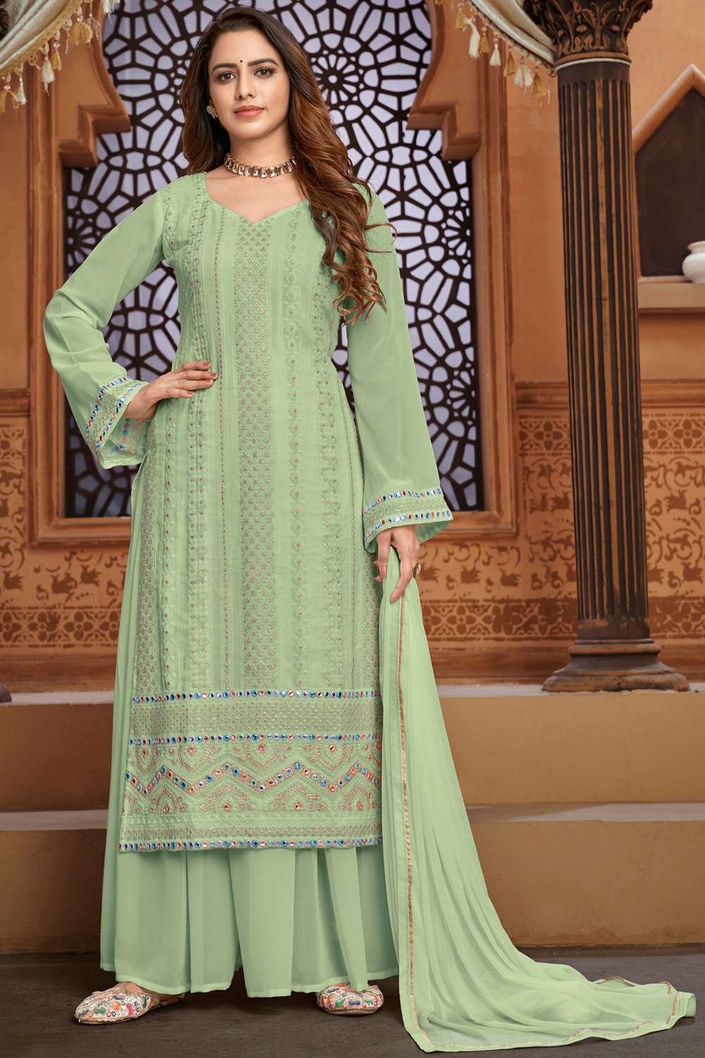 Buy Green Real Georgette Sharara Suit Online in USA | Appelle Fashion