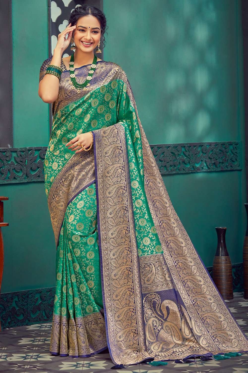 Mehndi Green and Royal Blue color silk sarees with zari border saree design  -SILK0002236