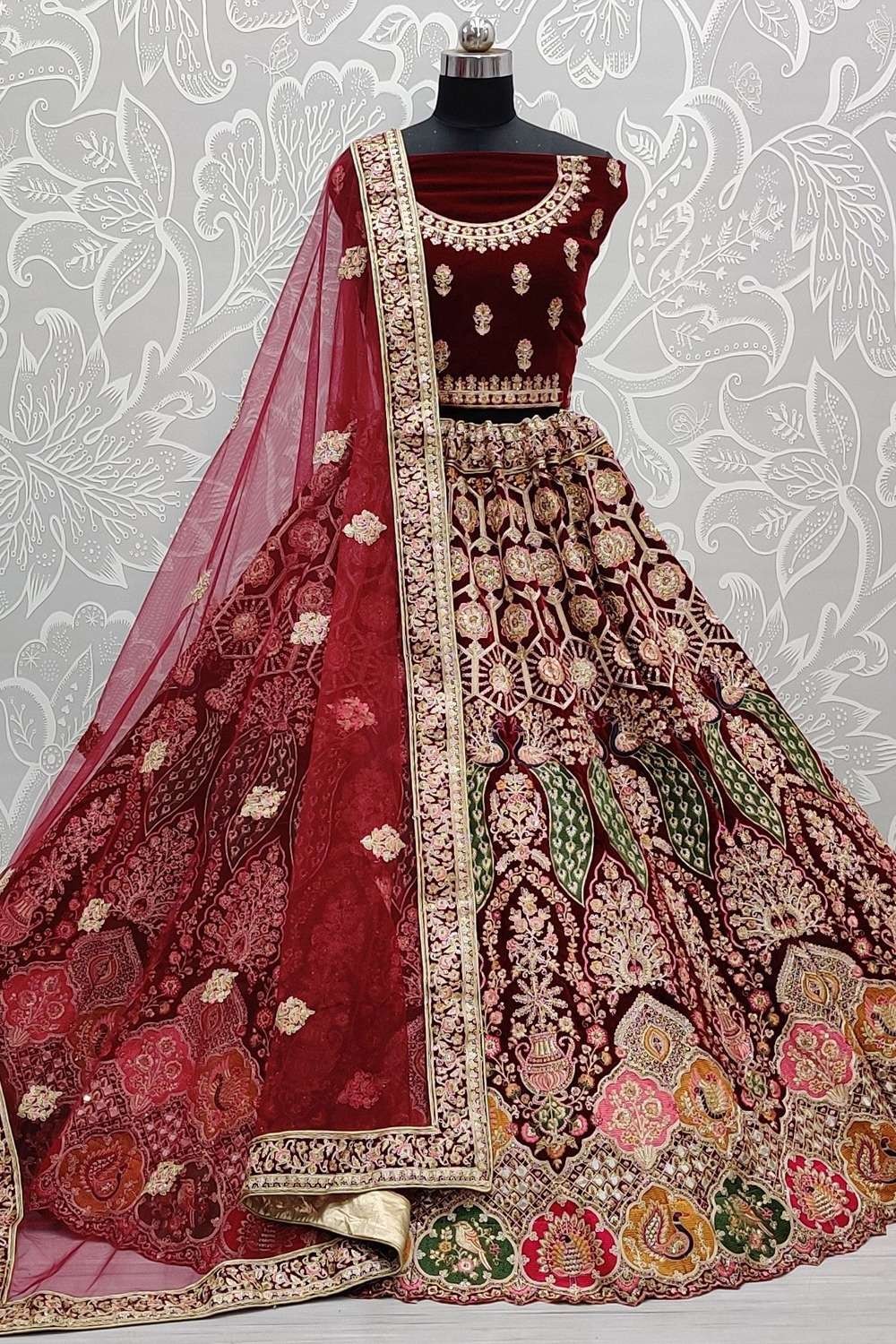 Maroon Mirror Work Embroidery Shaded Velvet Lehenga Choli - Hijab Online