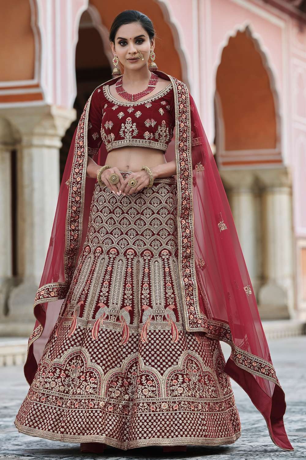Berry Red Bridal Velvet Lehenga Choli with Embroidery & Hand work – Ethnos