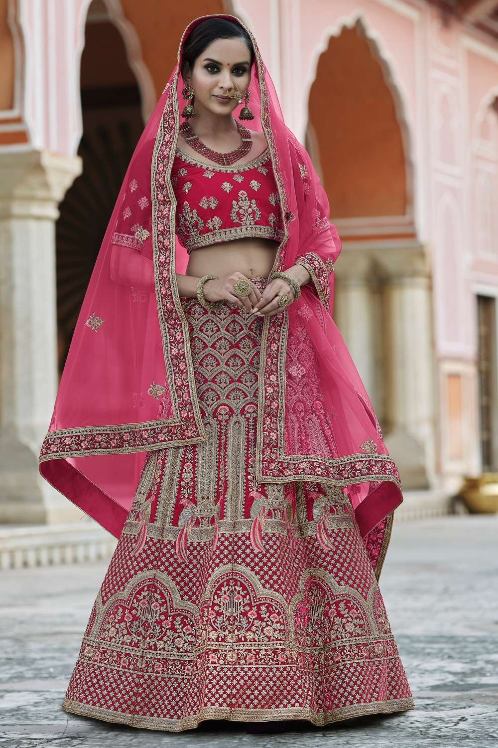 Buy Cherry Red Raw Silk Lehenga Set with Two Dupattas and Resham Embroidery