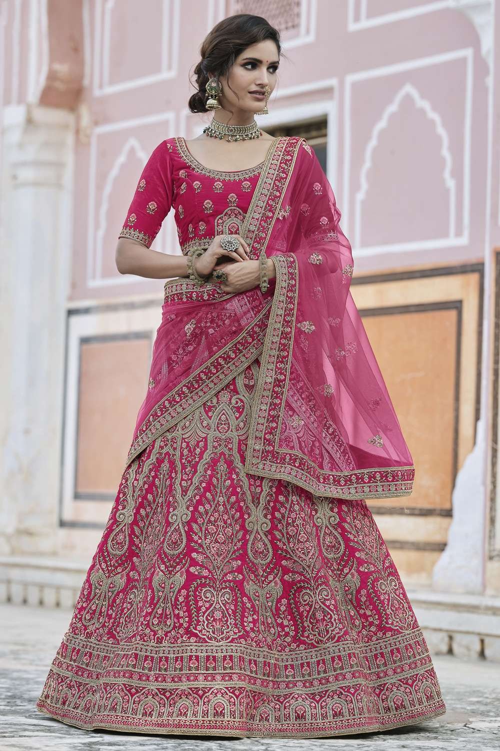 act5254 1 heavy embroidery with hand work velvet wedding lehenga choli in pink lc4350