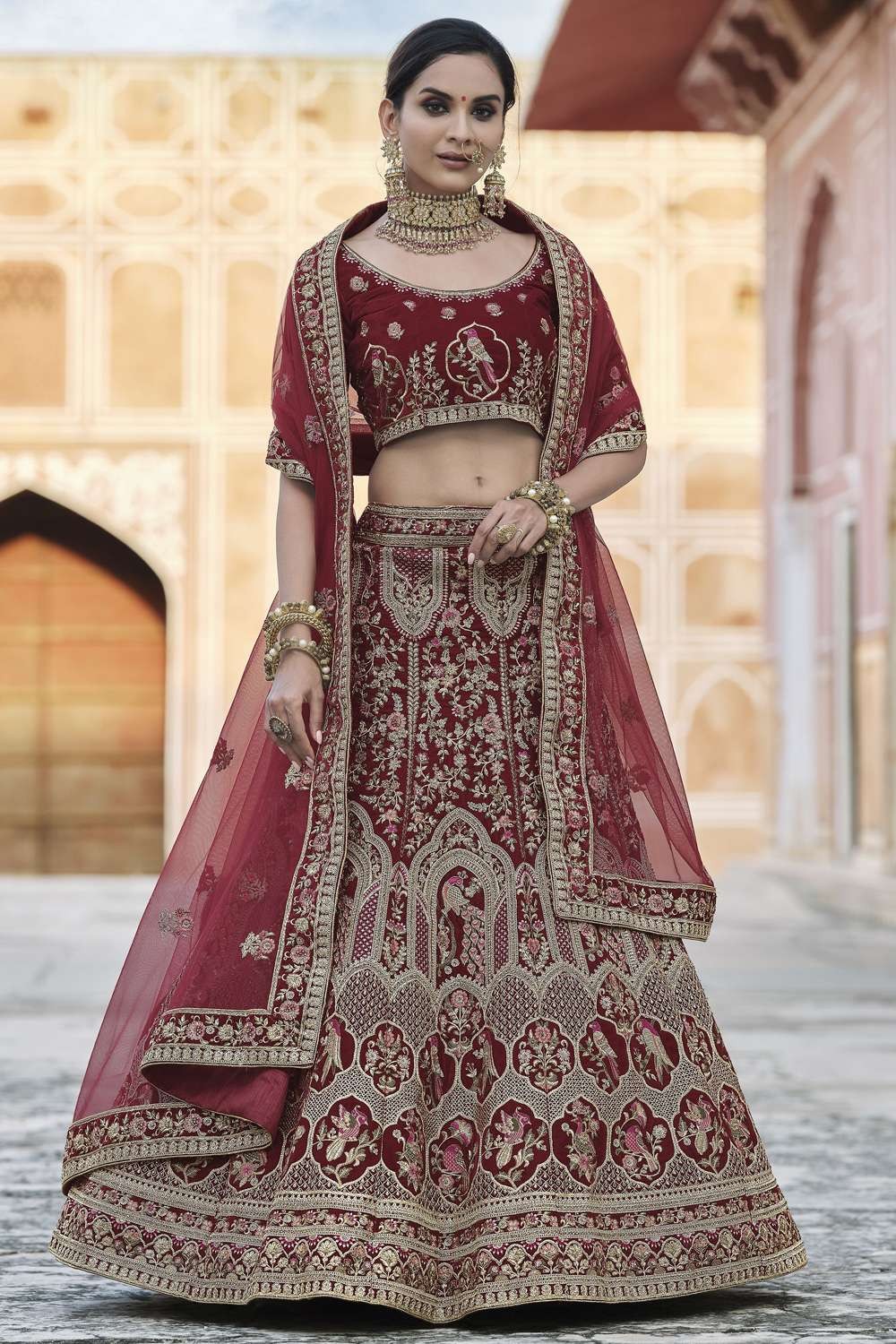Velvet Wedding Lehenga Choli with Heavy Embroidery With Hand Work in Maroon  - LC4355