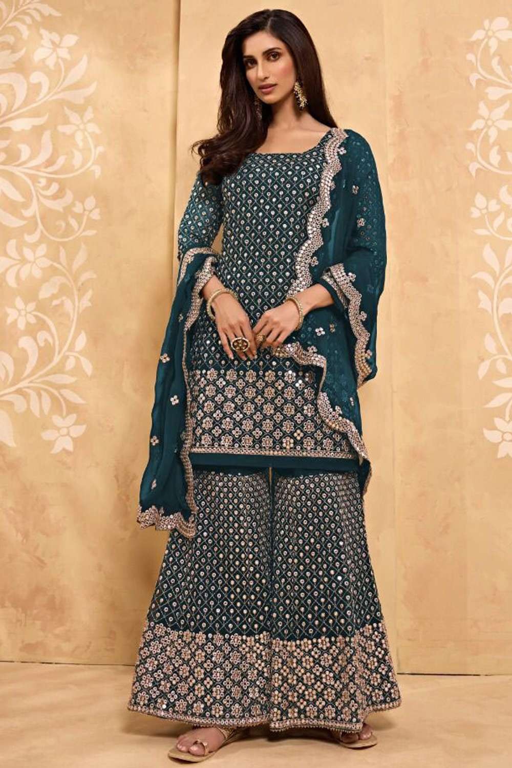 Charming Blue Color Georgette Sharara Suit With Heavy Work